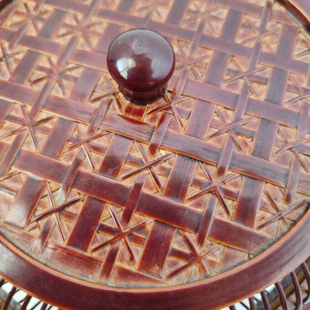 Vintage Japanese Handwoven Bamboo Lacquered Wagashi Basket w/ Lid Cricket Cage